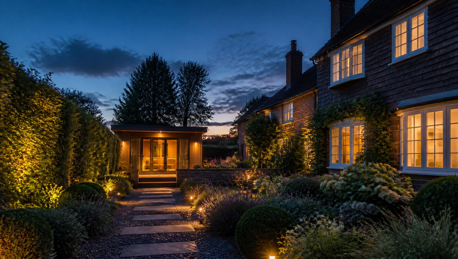 A British house at twilight with warm lit windows and a lit path to a garden room