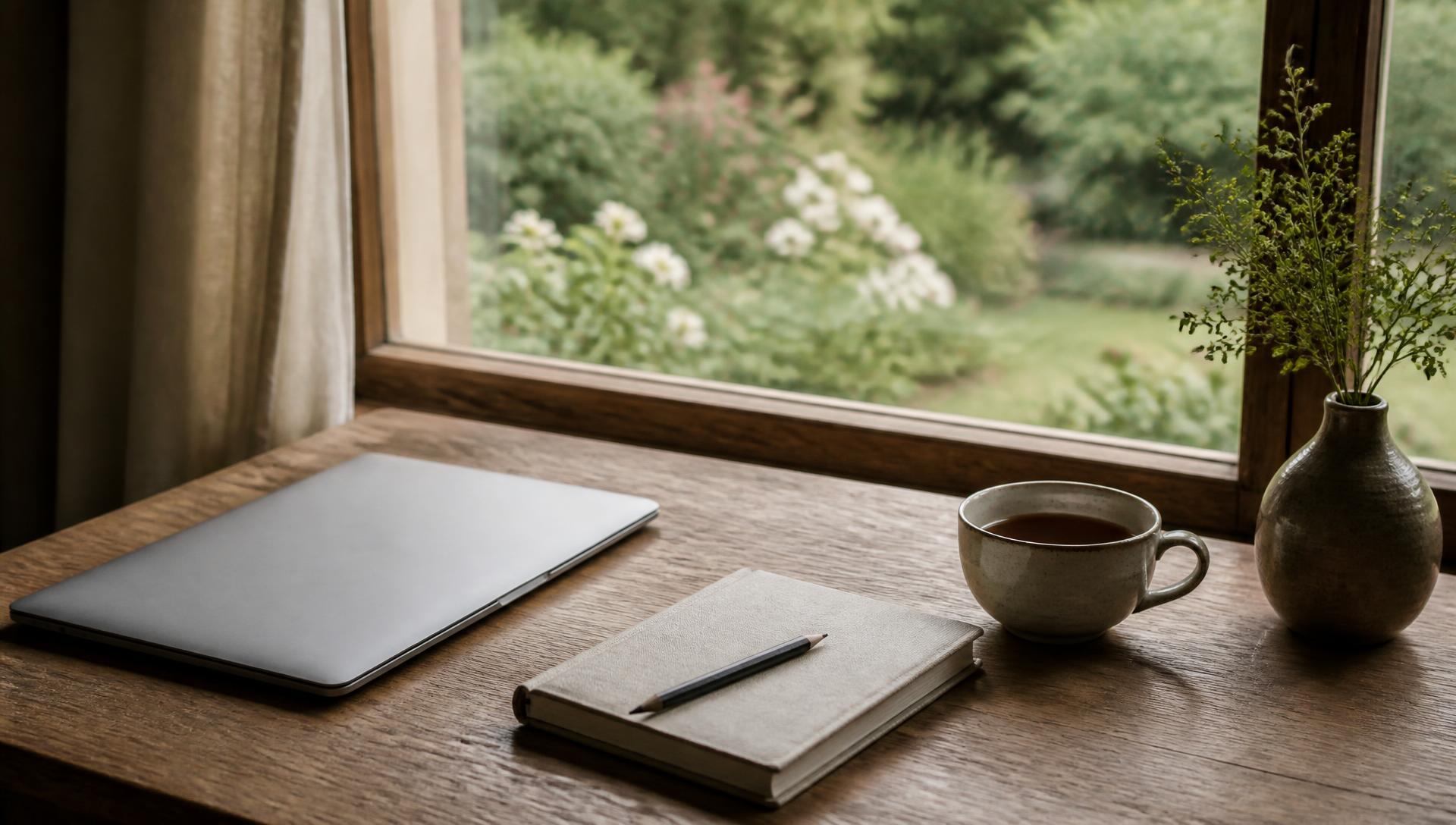 A notebook, pencil and cup of tea on an oak table beside a window looking onto a garden