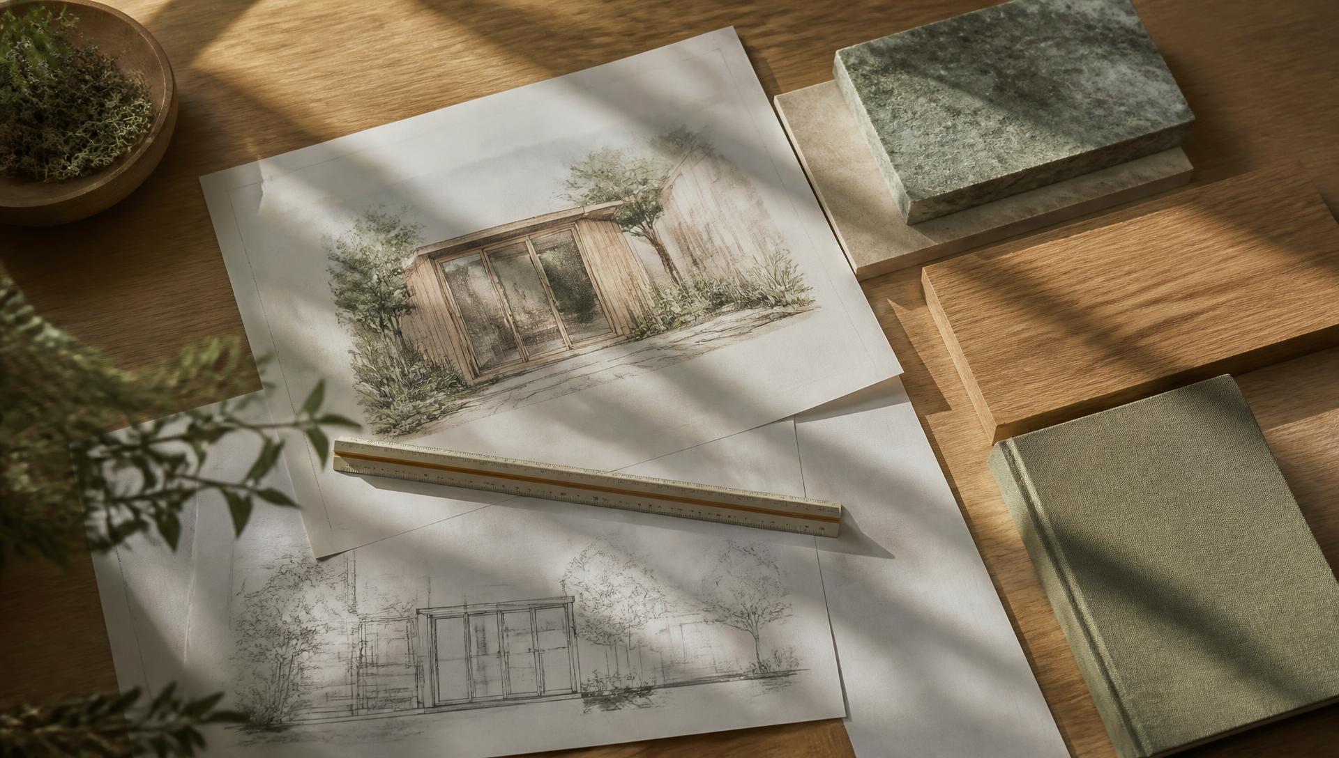 Drawings of a garden room alongside timber and stone material samples on a sunlit desk