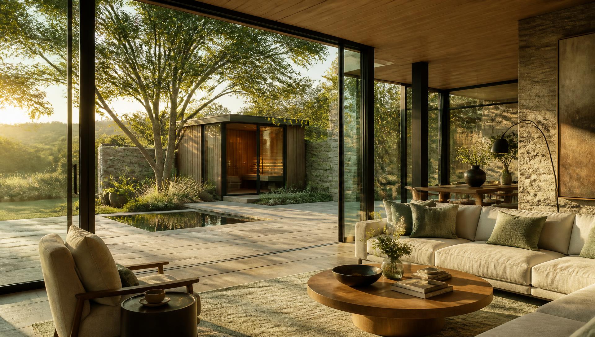 A modern home opening onto a garden terrace at golden hour, with a timber sauna pavilion beyond the glass