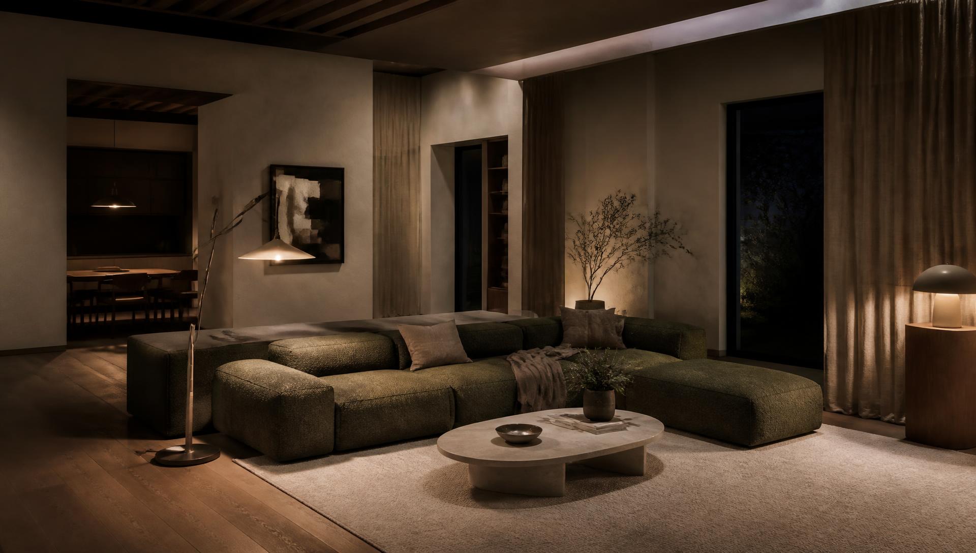 A designer living room lit by lamps in the evening