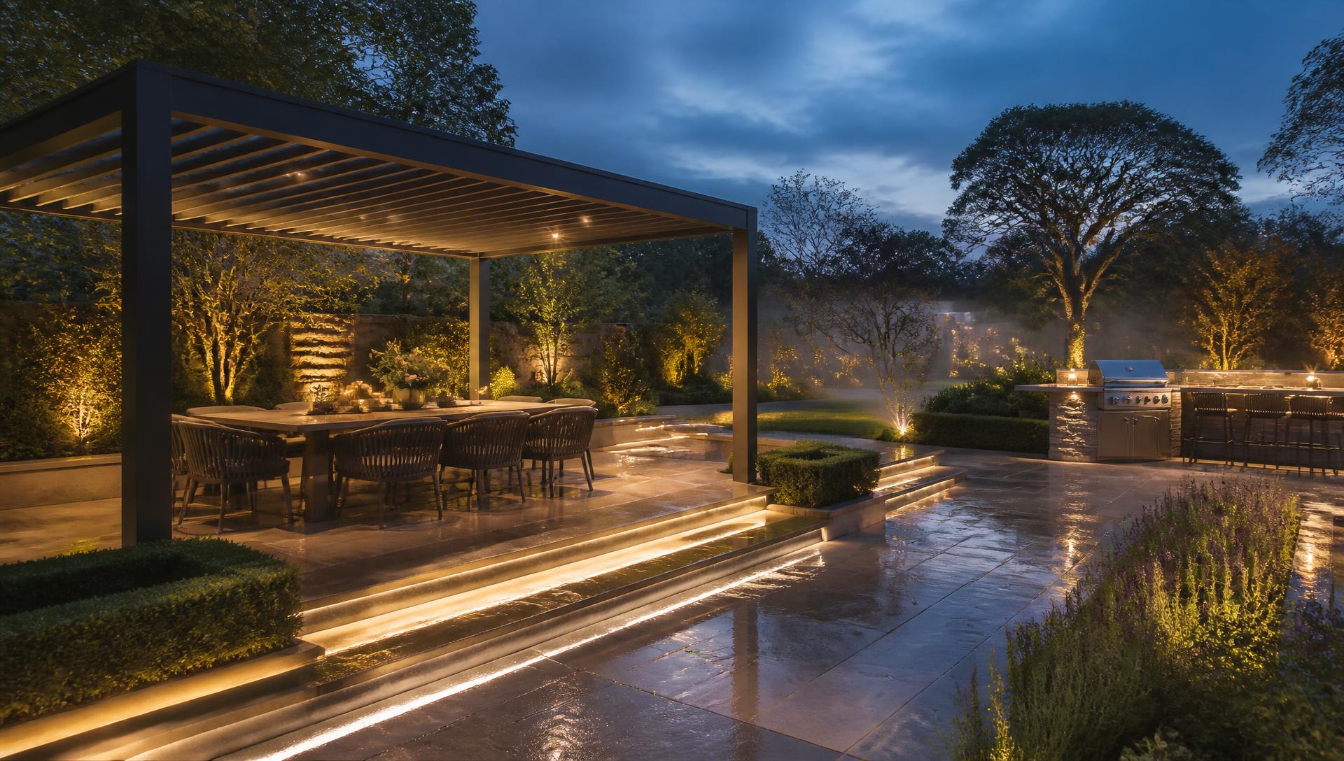 A British garden at dusk with a louvred pergola over a dining terrace and a lit outdoor kitchen