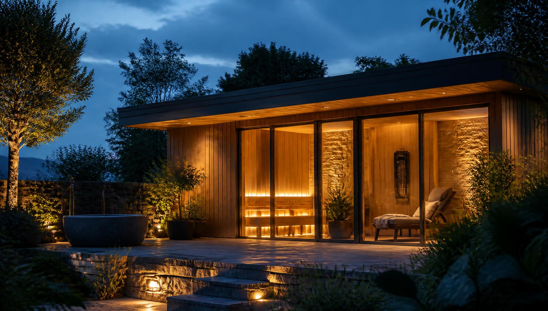 A garden wellness pavilion glowing at blue hour, with a stone plunge tub on the terrace outside