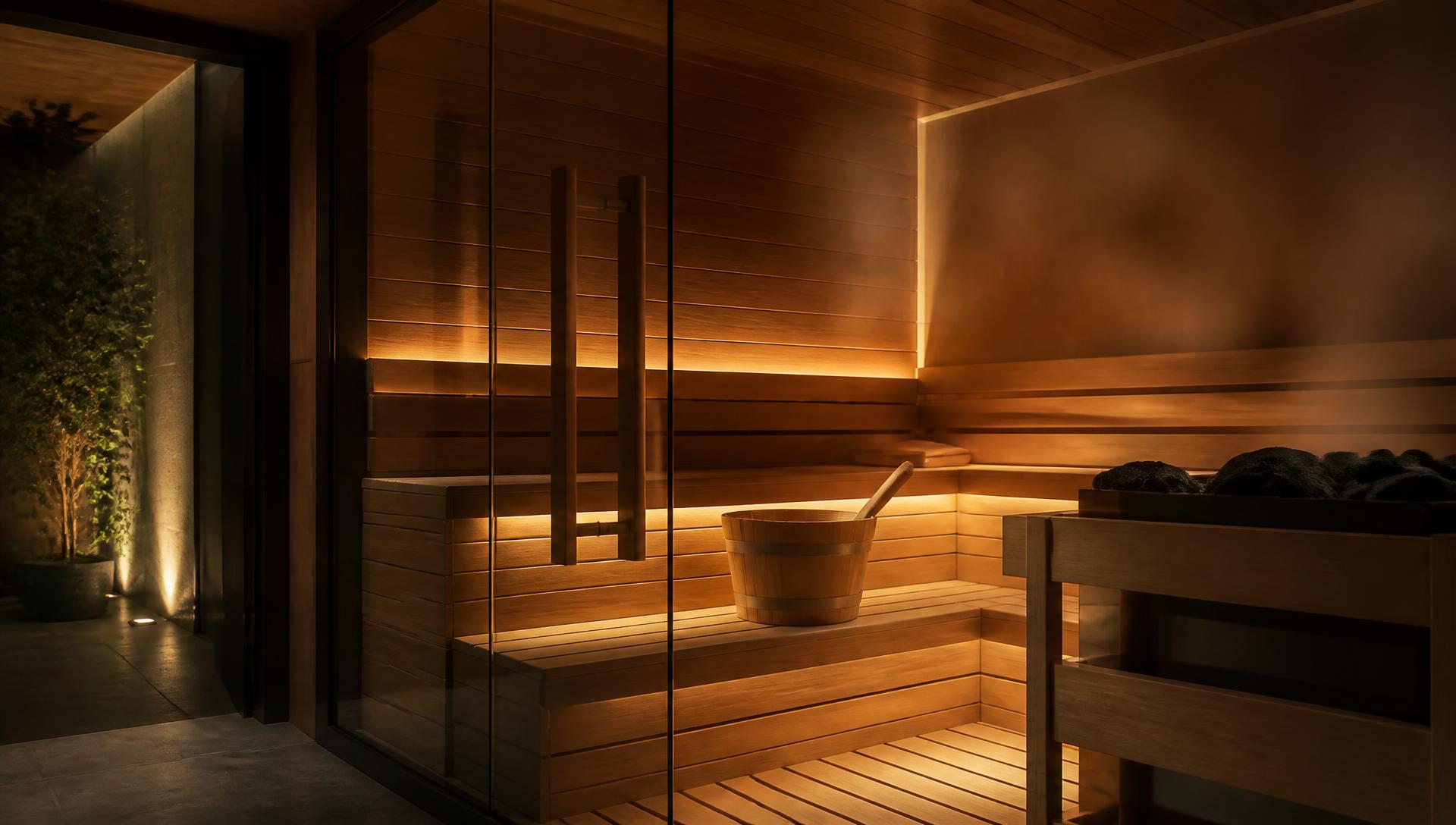 A private home sauna lined in warm timber