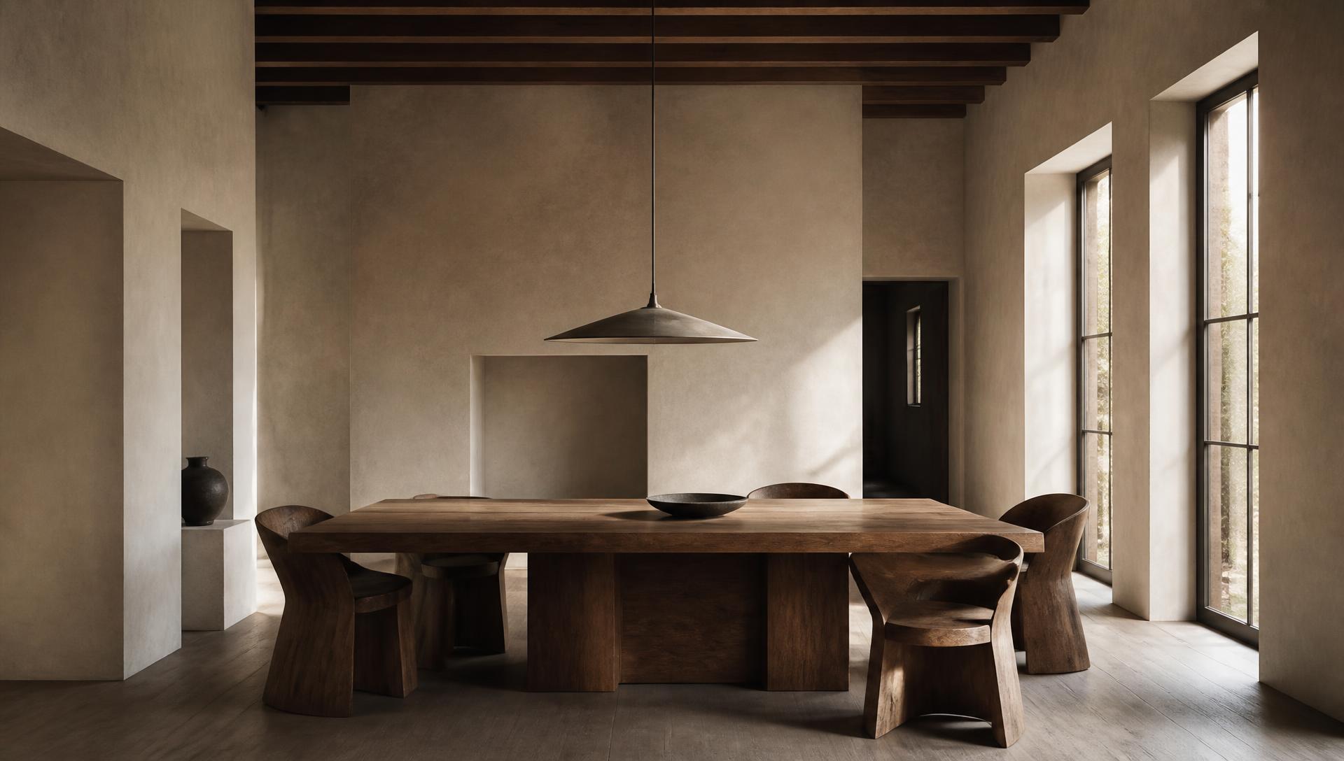 A generously proportioned timber dining table and sculptural chairs in a plaster-walled room