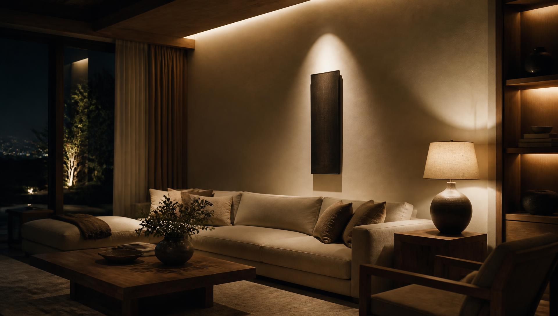 A living room at night lit in three layers: a wall washer, a table lamp and a concealed cove light