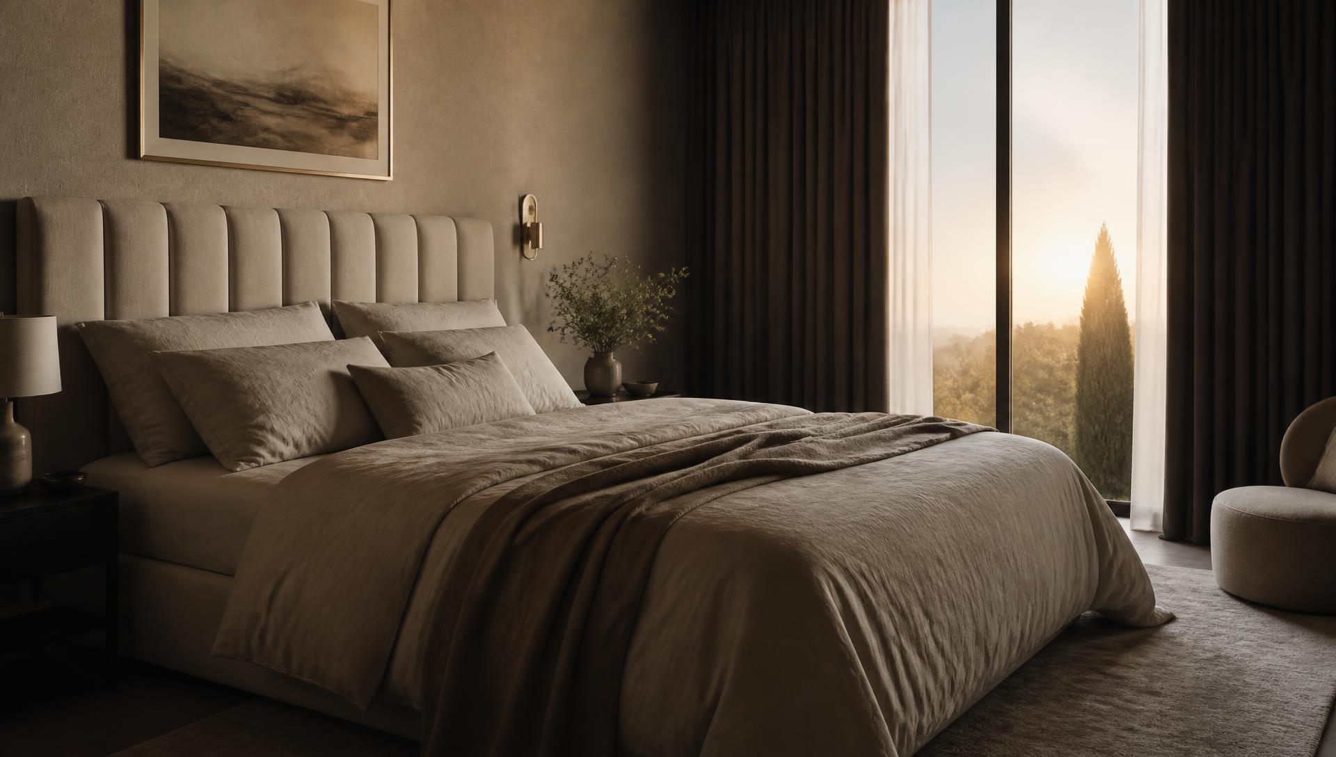 A calm bedroom with an upholstered headboard and heavy linen bedding at dawn