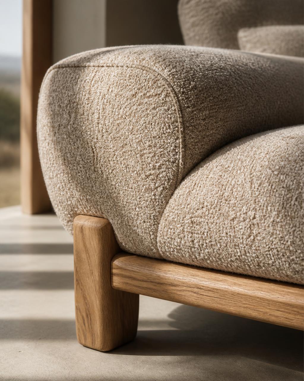 A close view of a sofa's stitched bouclé upholstery and solid oak frame