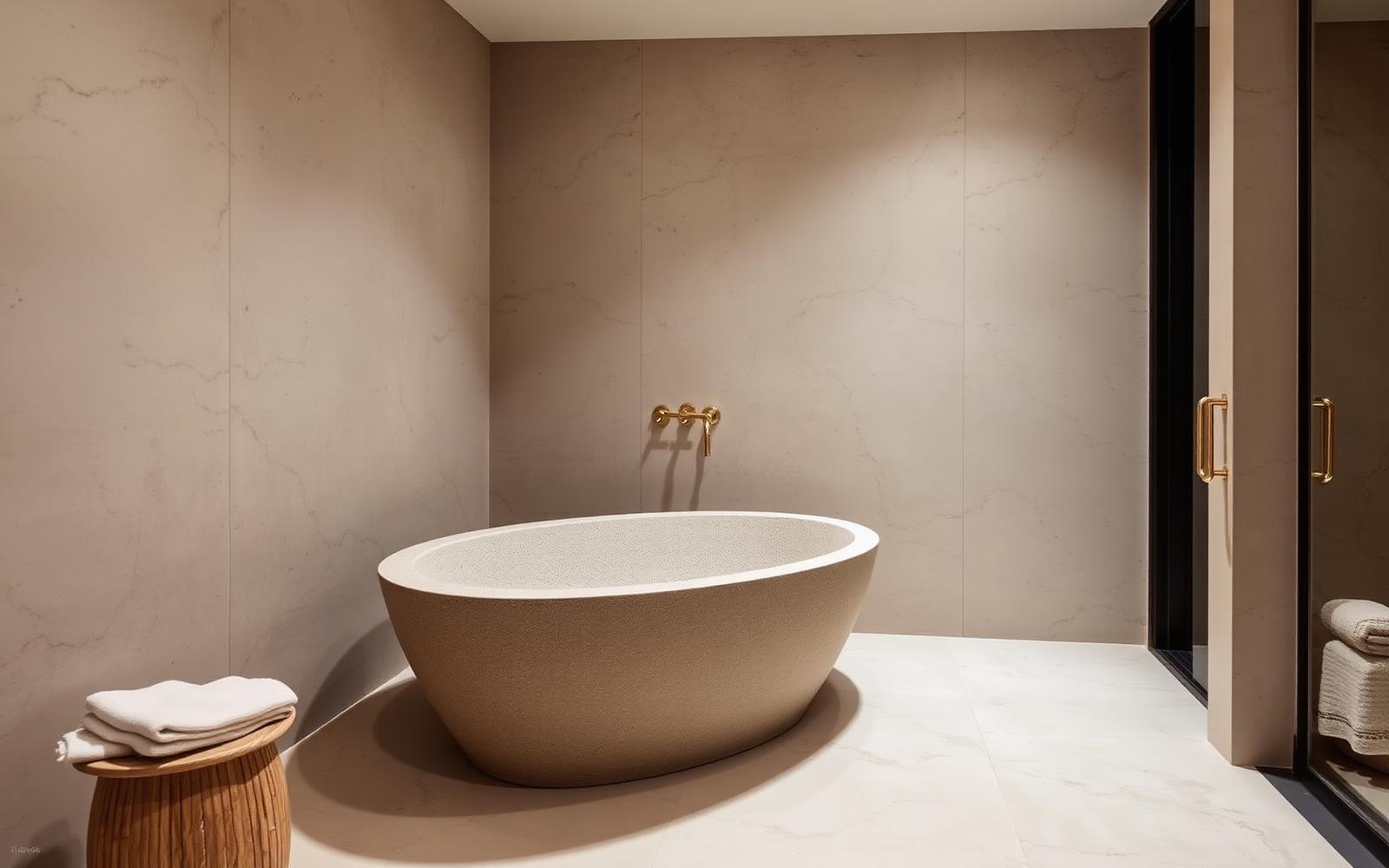 A calm private bathroom with a freestanding stone bath, stone walls and brushed brass fittings