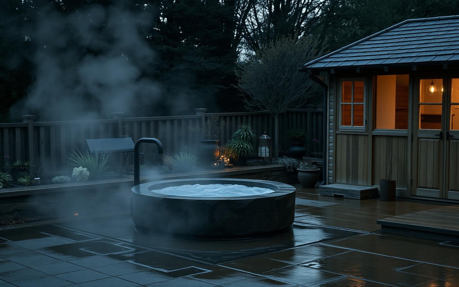 A stone cold plunge on a wet terrace at dusk beside a lit garden cabin, vapour rising from the water