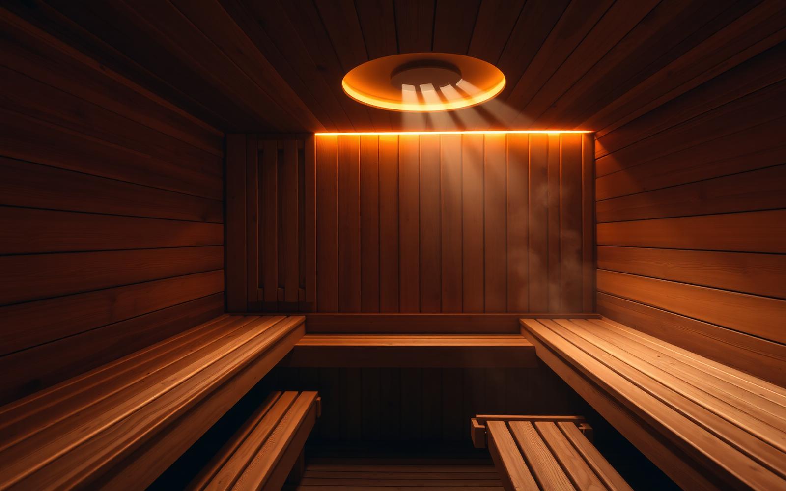 The interior of a warm timber home sauna with tiered benches and low amber light