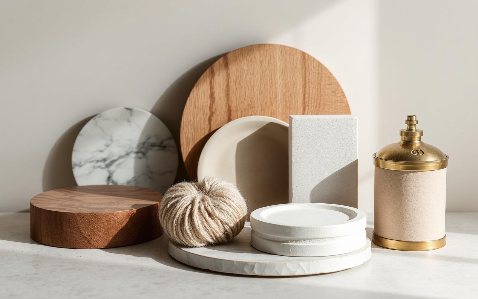 Material samples on a limestone surface: honed marble, oiled oak, lime plaster, wool and aged brass