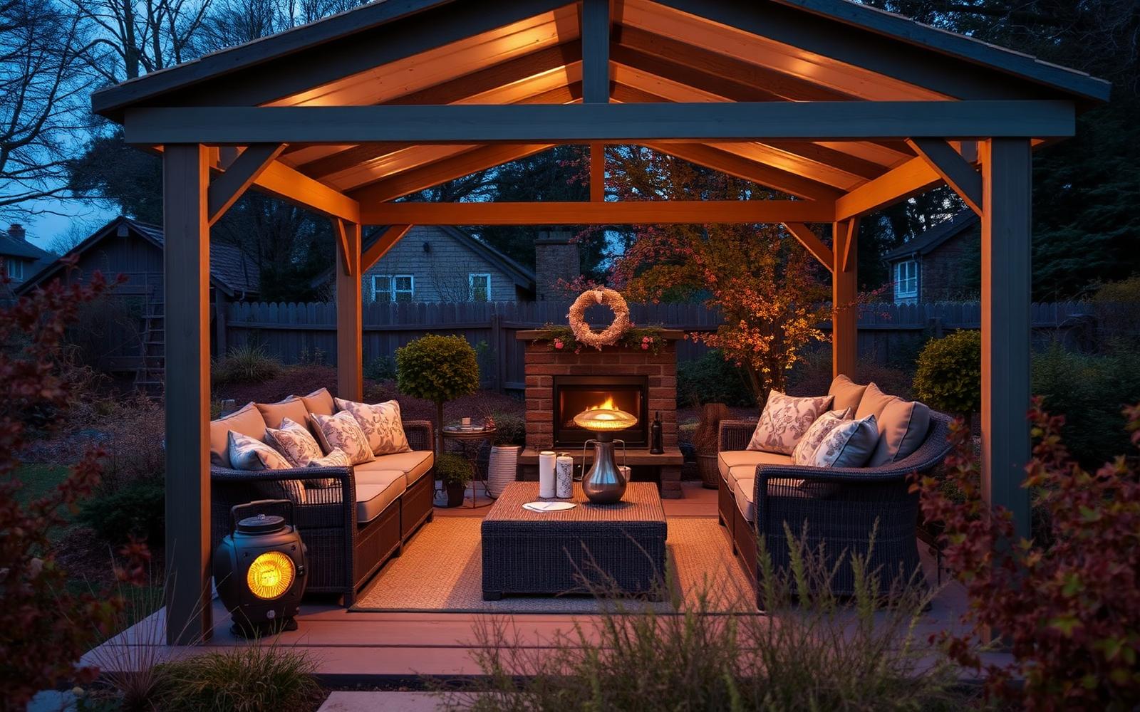 A covered outdoor living room in a British garden with sheltered seating, a fire and layered lighting at dusk