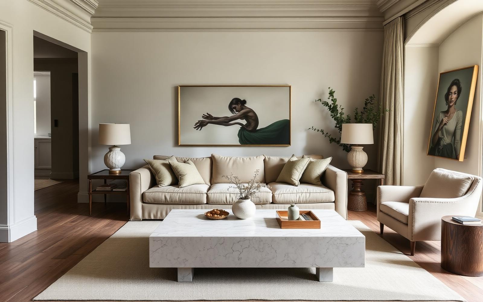 A quiet-luxury living room with a linen sofa, plaster walls, stone table and layered lamplight