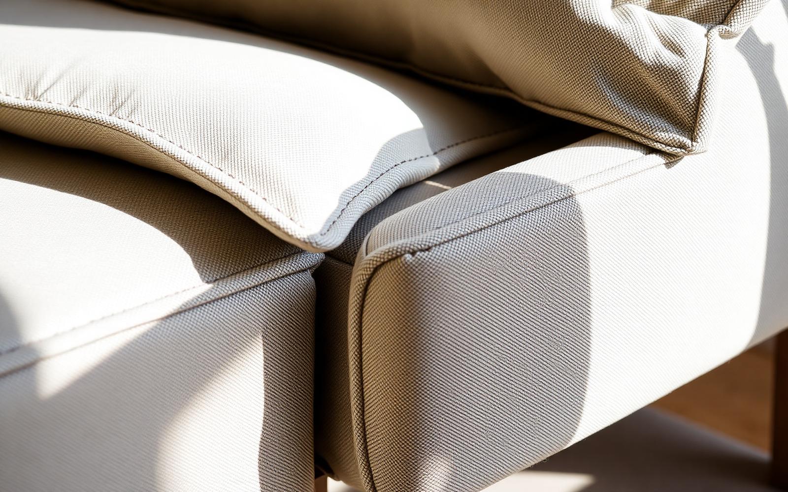 A close view of a sofa's stitched upholstery, feather-filled cushion and hardwood frame