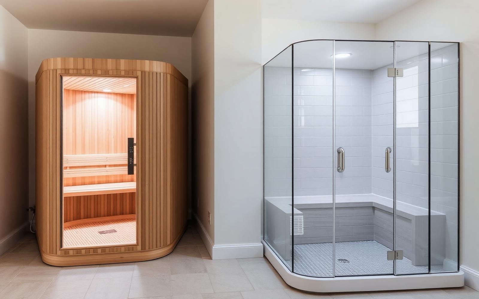 An infrared cabin beside a glazed steam room in a home wellness space with a drained tiled floor