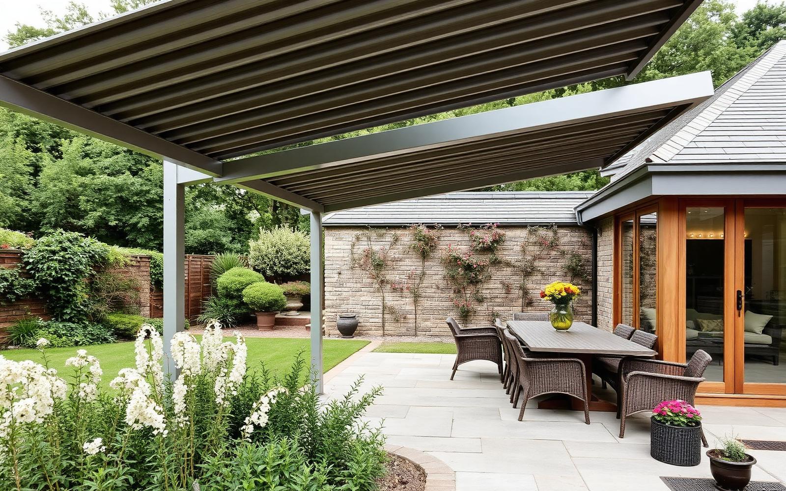 A louvred pergola over a stone dining terrace beside a glazed garden room in a planted British garden