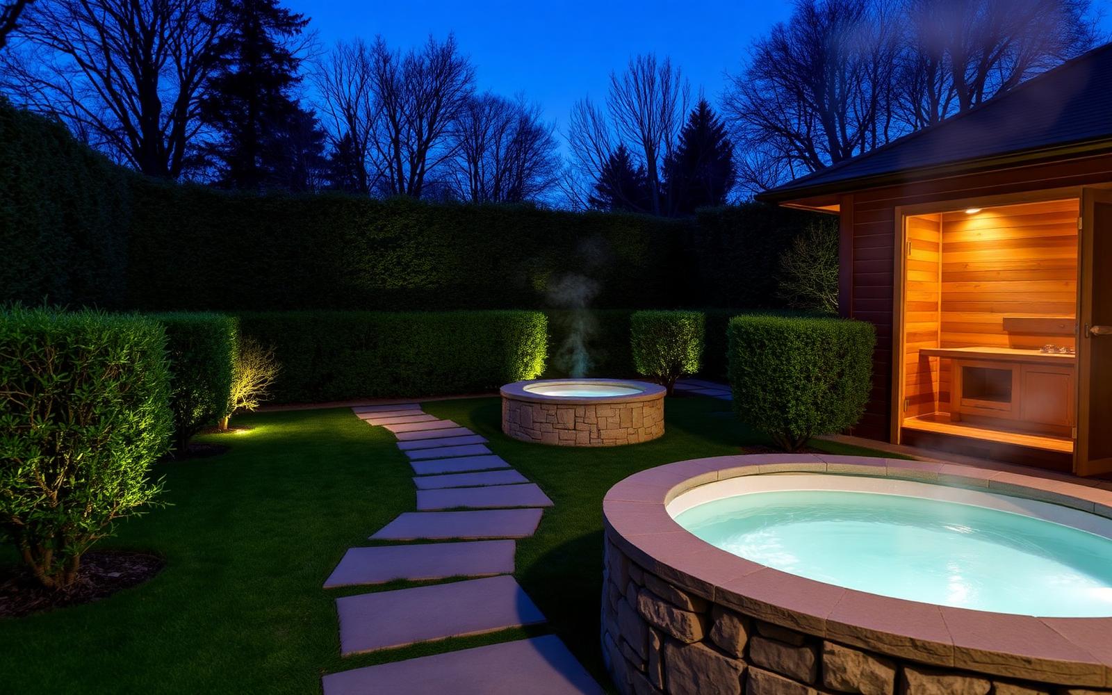A private wellness garden at blue hour with a lit sauna cabin, a plunge pool and a sunken hot tub