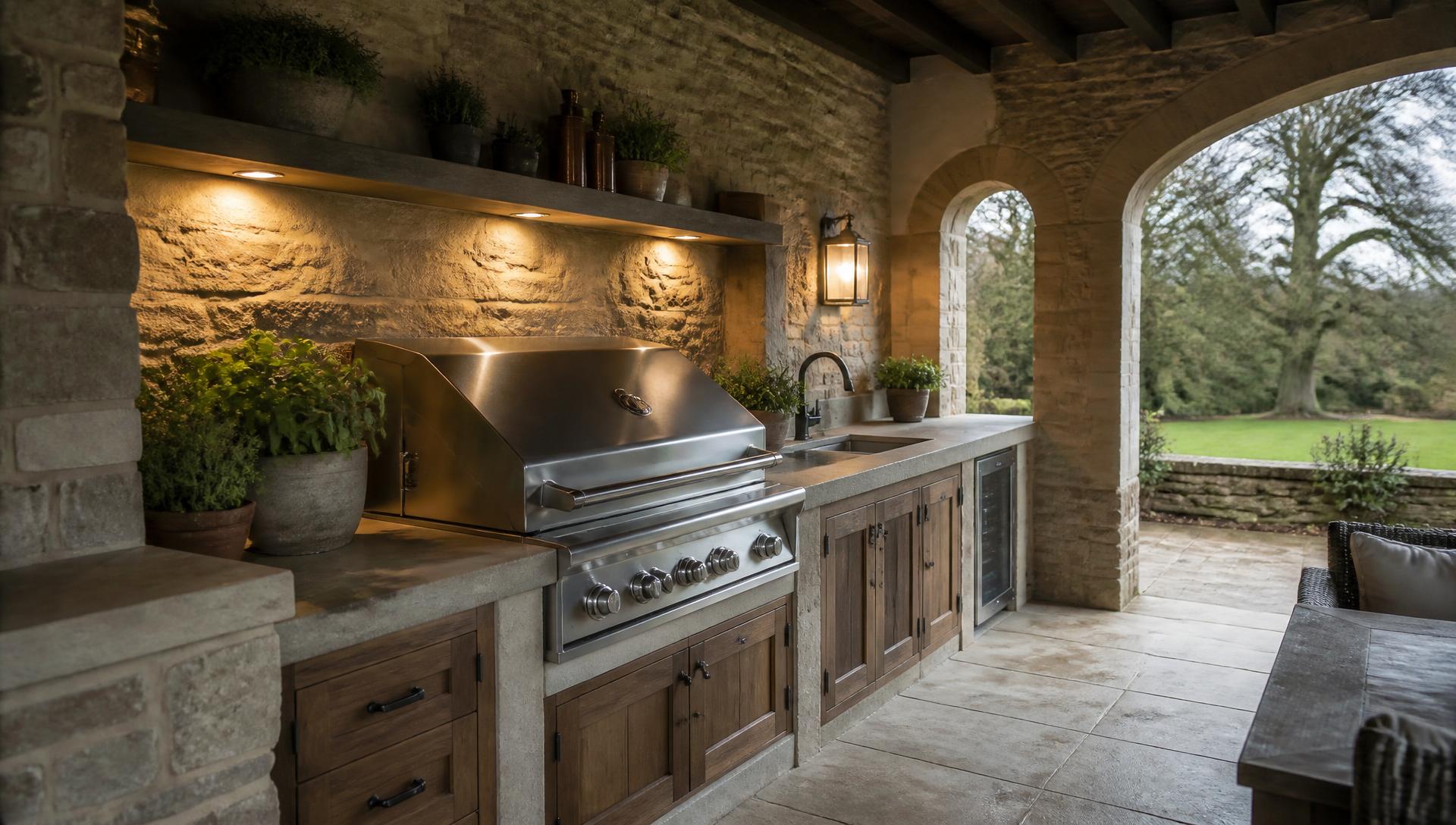 A built-in outdoor kitchen under a covered stone loggia with a grill, sink and task lighting
