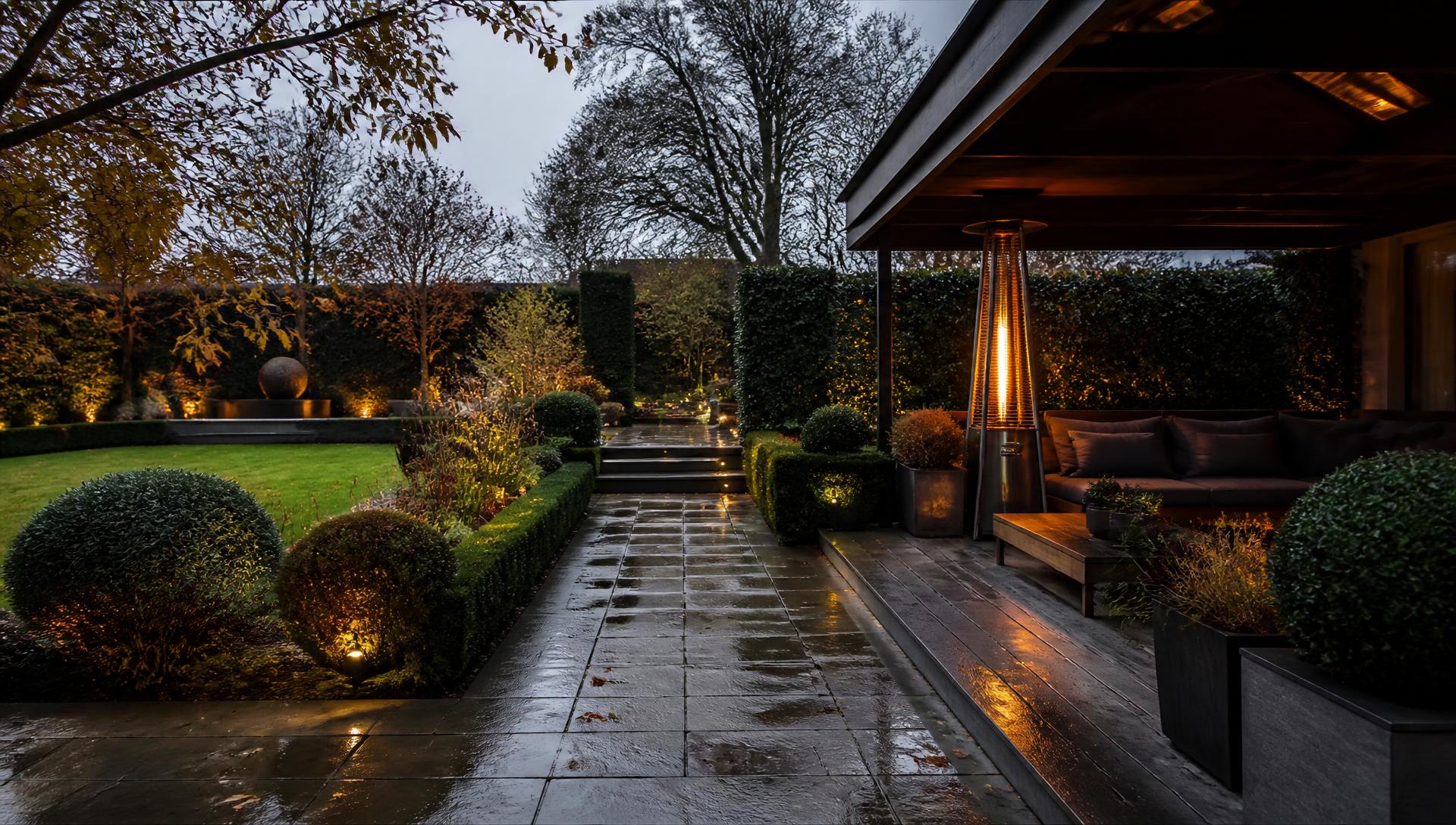 A designed British garden in late autumn, lit and still usable, with a covered heated seating area