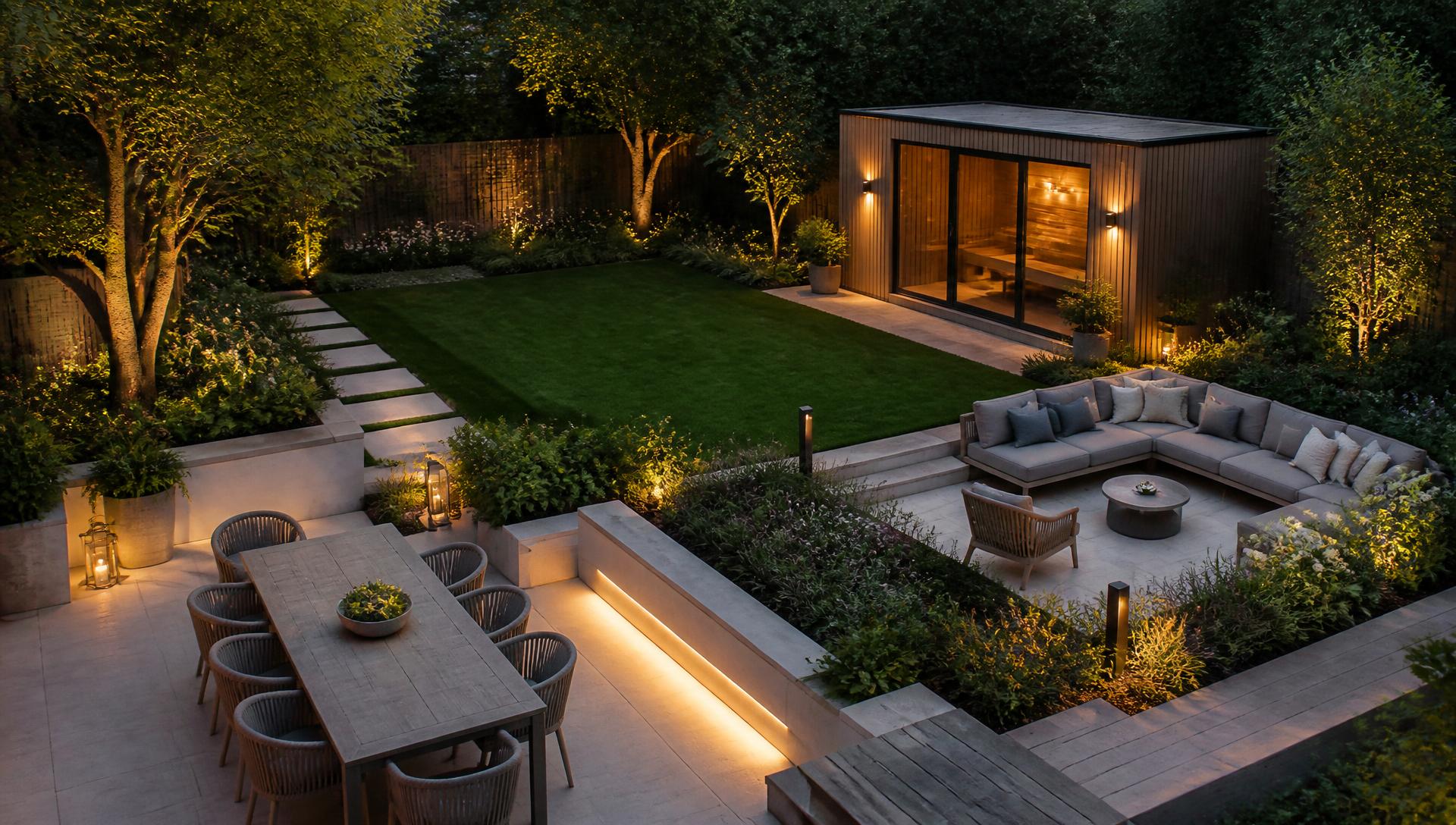 A garden laid out in clear zones: a dining terrace, a lounge area, a lawn and a timber wellness cabin