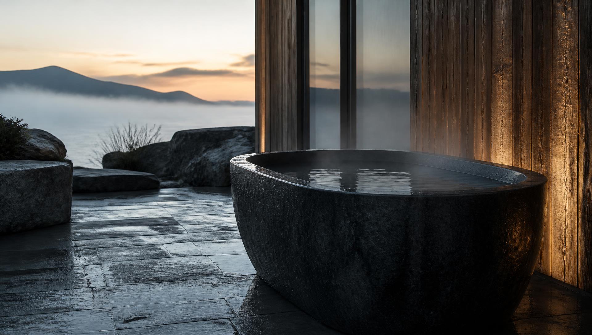 A dark stone cold plunge tub on a wet terrace at dawn, with vapour rising from the water