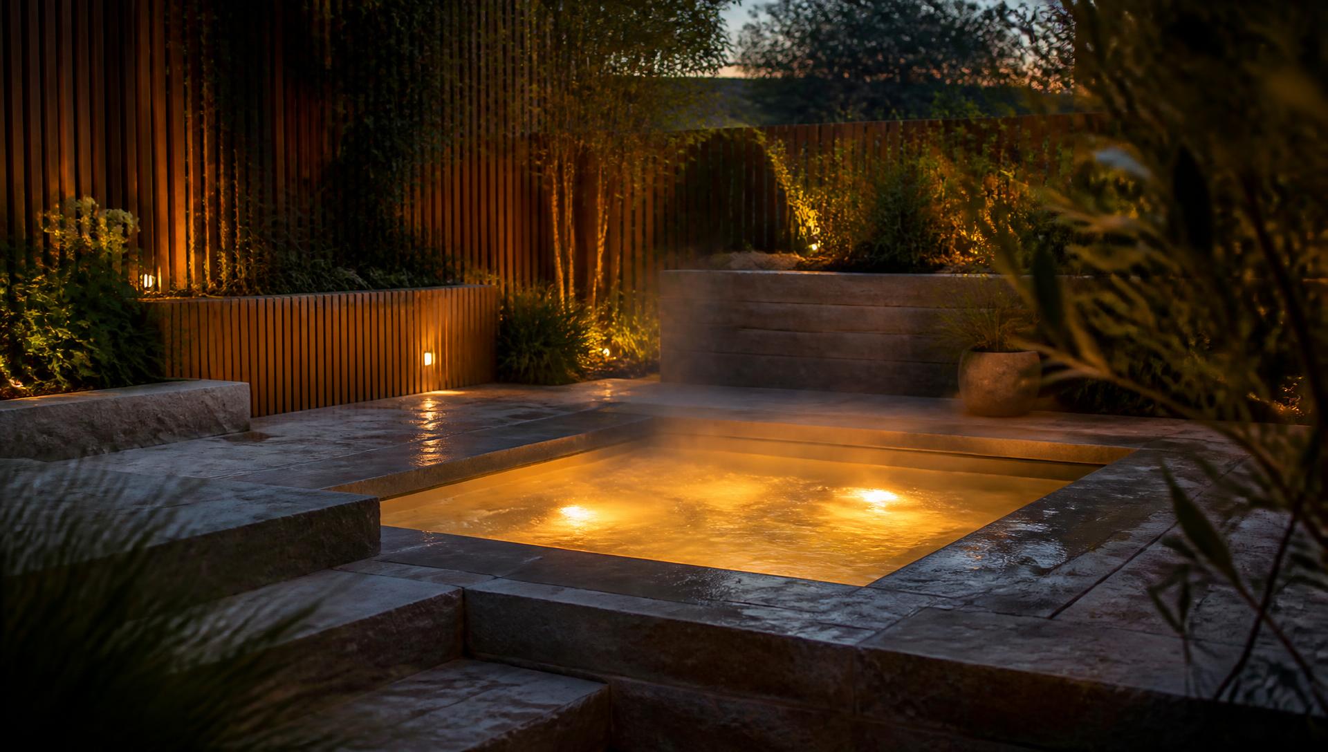 A hot tub sunk into a stone garden terrace at dusk, steam rising under warm lighting