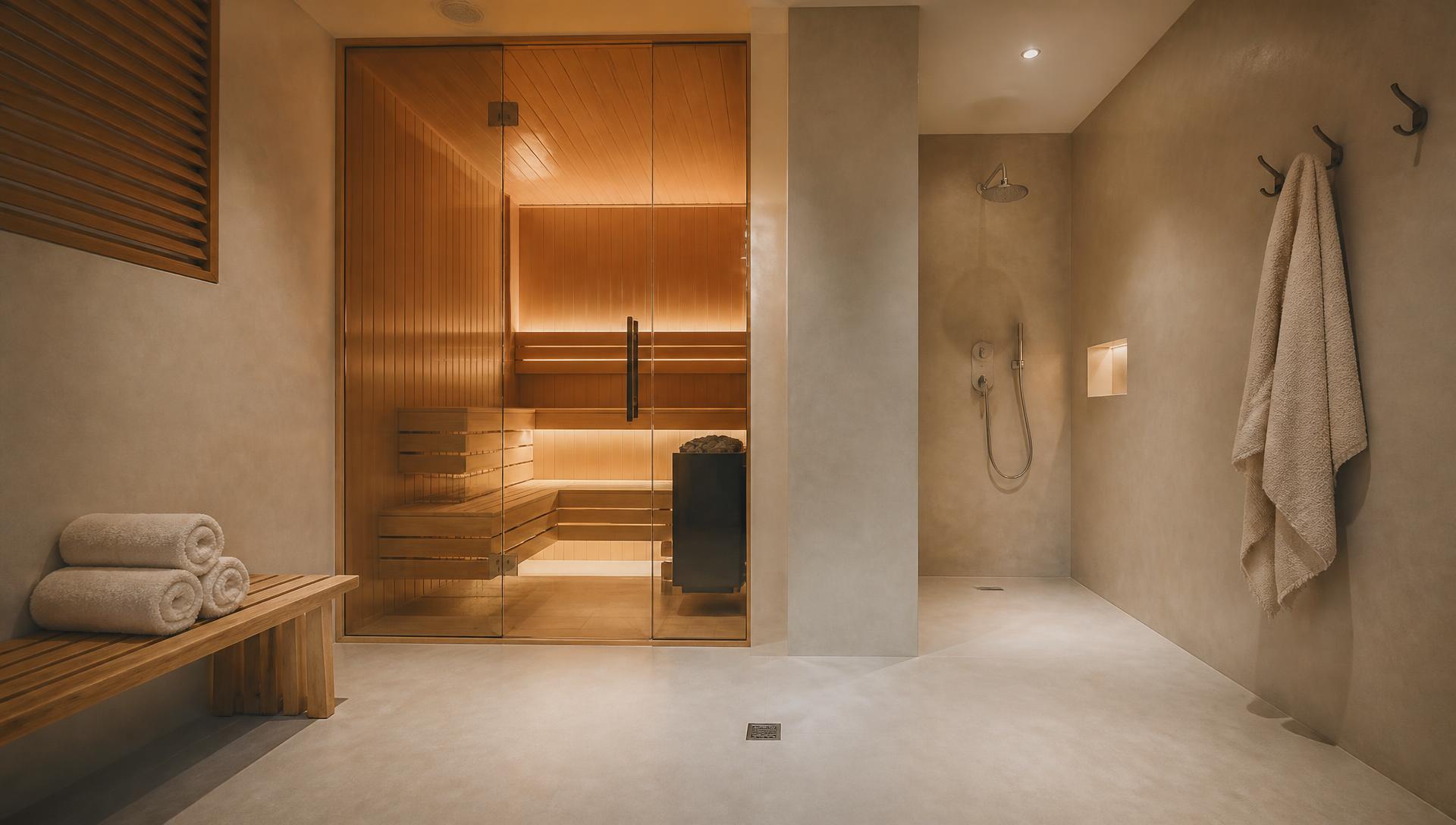 A home wellness room with a glazed sauna, a shower, a drained floor and a timber bench