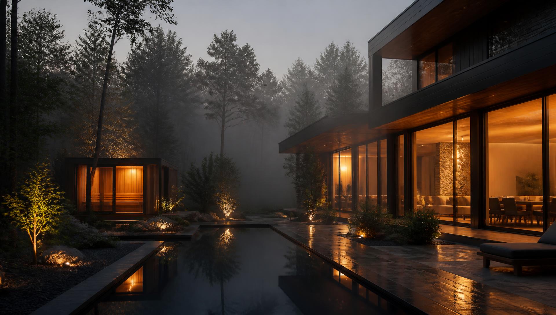A calm luxury home interior with a wellness room beyond